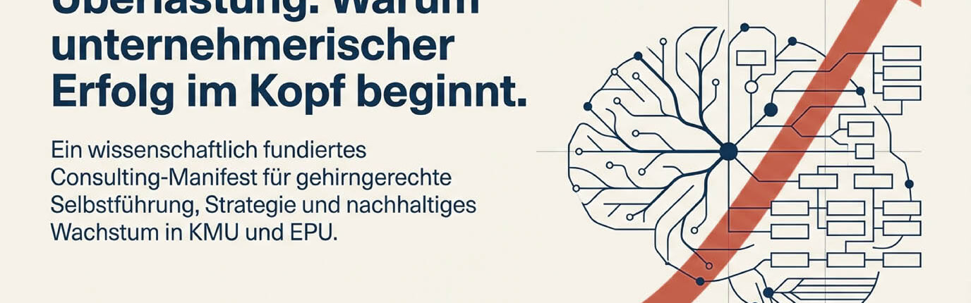 Titelbild der Präsentation von Gregor Wimmer (Unternehmensberatung HERZBLUAT) zum Thema gehirngerechte Selbstführung. Eine Grafik zeigt ein Gehirn mit einem roten Aufwärtspfeil, der unternehmerischen Erfolg und nachhaltiges Wachstum für KMU und EPU symbolisiert.