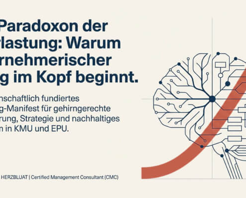 Titelbild der Präsentation von Gregor Wimmer (Unternehmensberatung HERZBLUAT) zum Thema gehirngerechte Selbstführung. Eine Grafik zeigt ein Gehirn mit einem roten Aufwärtspfeil, der unternehmerischen Erfolg und nachhaltiges Wachstum für KMU und EPU symbolisiert.