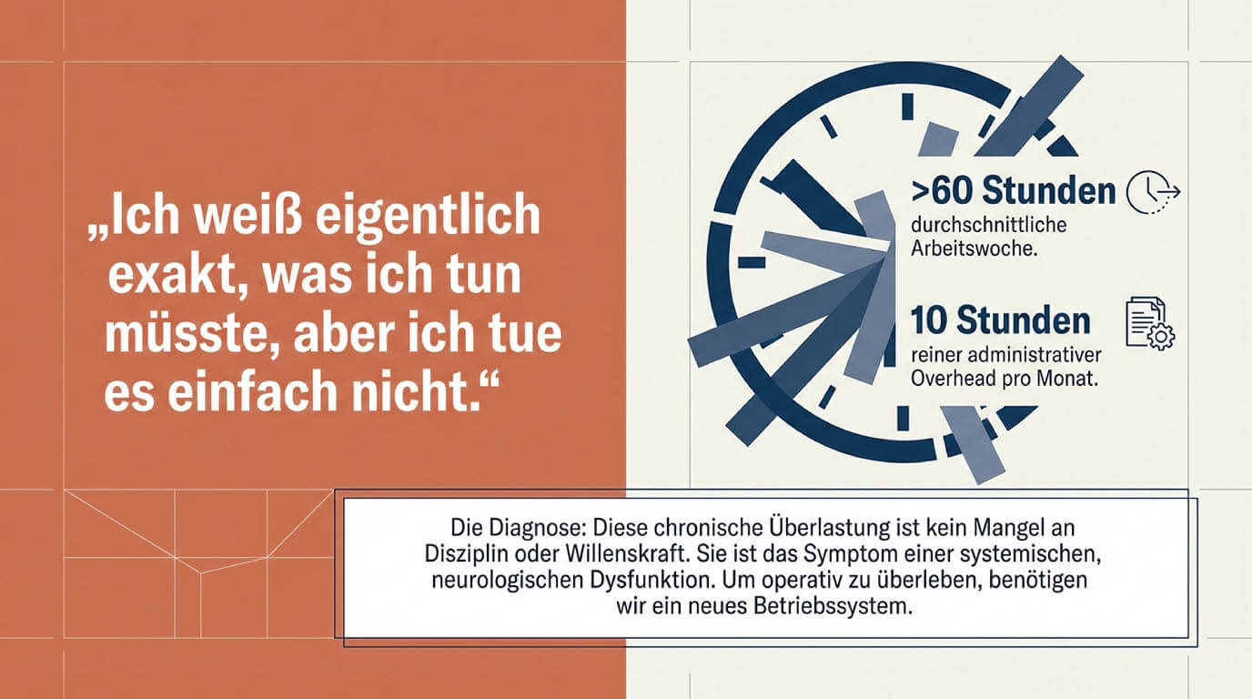 Diagnose zur chronischen Überlastung bei EPU: Eine zersplitterte Uhr illustriert eine Arbeitswoche von über 60 Stunden. Der Text erklärt, dass scheinbare Prokrastination kein Mangel an Disziplin, sondern das Symptom einer neurologischen Dysfunktion ist.