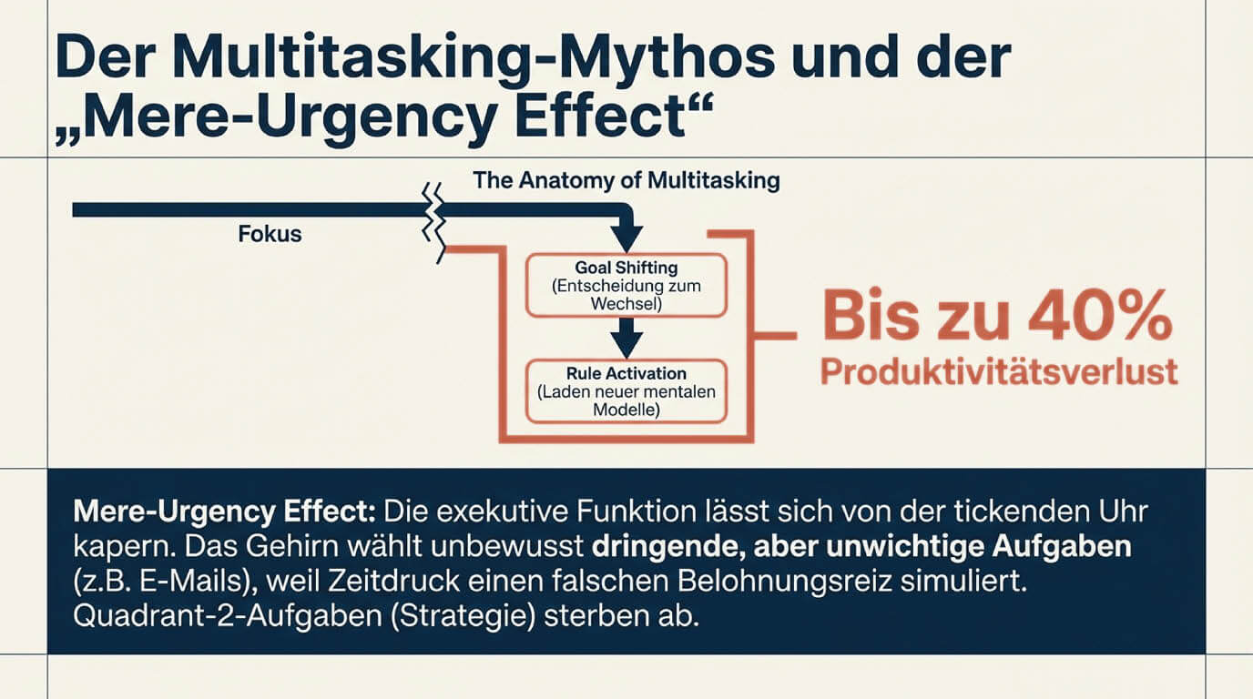 Infografik zum Multitasking-Mythos und Mere-Urgency Effect. Ein Diagramm verdeutlicht, wie ständiger Aufgabenwechsel (Task-Switching) bis zu 40 Prozent Produktivitätsverlust verursacht, weil das Gehirn unwichtige, aber dringende Aufgaben unter Zeitdruck fälschlicherweise priorisiert.