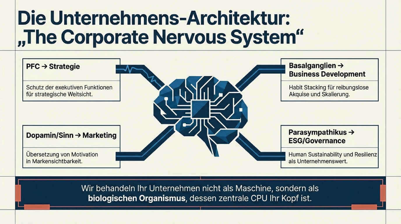 Infografik The Corporate Nervous System von HERZBLUAT. Ein Gehirn als zentrale CPU steuert die Unternehmensarchitektur: Der präfrontale Kortex lenkt die Strategie, Basalganglien das Business Development, Dopamin das Marketing und der Parasympathikus die ESG-Governance für nachhaltigen Erfolg.